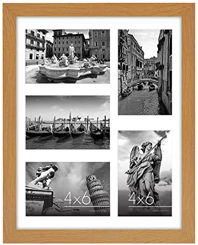 Americanflat 28x36 cm Bilderrahmen Collage - Fünf 10x15 cm Bilder mit Matte & 28x36 cm ohne Matte Anzeigen - Bilderrahmen 5 Bilder für Bilder der Familie - Verbundholz mit Bruchsicheres Glas - Eiche