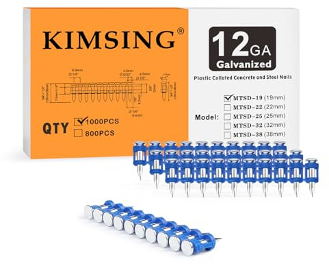 MTSD-19 12 Gauge 3/4 Inch X .109 Inch Smooth Shank Plastic Collated Concrete and Steel Drive Pin Mechanical Galvanized for Gas Power Concrete and Steel Nailer 1000 PCS/Box (1 caja)