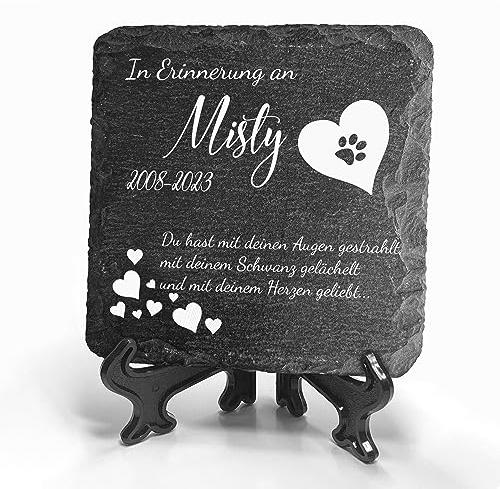 TULLUN Individueller Personalisiert Natürlich Tiergrabstein Schiefer Gedenkstein + Ständer für Hund, Katze, Kaninchen und andere Haustiere - Größe 10 x 10 cm - Gedicht