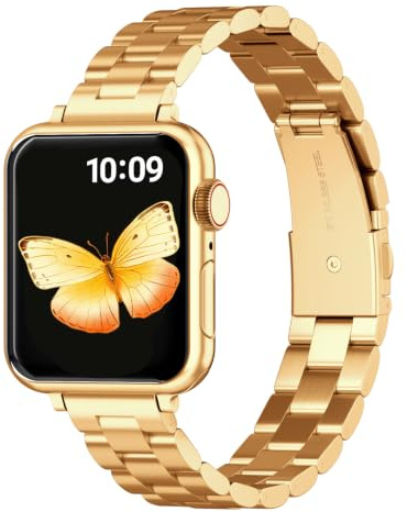 ARTCHE Slim Watch Strap for Apple Watch Strap 42mm 41mm 40mm 38mm | Compatible with iwatch Straps Series 11/10/9/8/7/6/SE/5/4/3/2/1, Thin Stainless Steel Band for Female, Gold