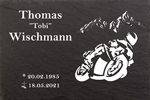 Pokal Center Westerheider Grabstein Biker, Urnengrabstein Motorrad, Gedenktafel mit personalisierter Gravur, Naturschieferstein, 30x20cm 100% witterungsbeständig