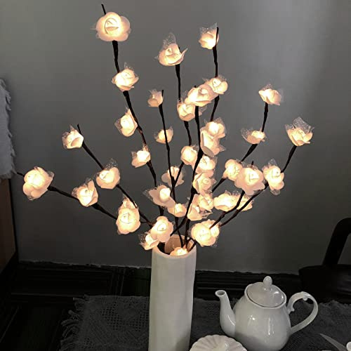 2 Pack White Rose LED Twig Lights Lighted Artificial Lace Rose Flower Tree Branch Lights Flexible Branch Decoration Light for Home Shop Windows Vase Table Room Wedding Christmas (White Rose)