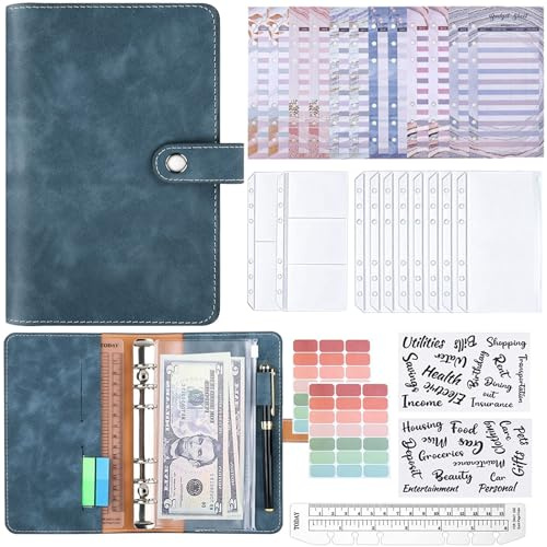 Frendour A6-Budgetordner, 6-Ringbuch-Notizbuch, PU-Leder-Loseblatt-Notizbuch mit 12 PVC-Geldumschlägen, 12 Budgetblättern und 2 Etikettenaufklebern, Budgetplaner zum Geldsparen, Blau