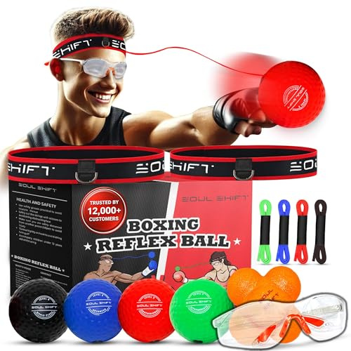 Soul Shift Boxing reflex ball w/Safety Glasses & Instructions – Fun Reflex Game for Kids & Adults | 2 Adjustable Headbands, 4 Balls & Bonus Reaction Ball for Speed, Focus & Hand Eye Coordination