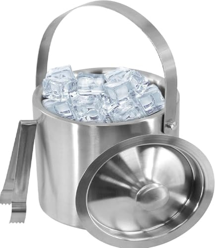 Stainless Steel ICE Bucket, Double Walled Container with Lid and Tong.Mirror Poliched Insulated Ice Cubes Bucket with Carrying Handle.