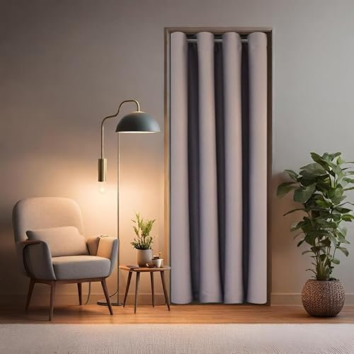 tinycurtains, Thermo Türvorhang mit Vorhangstange & Magneten zum Abdichten, einfache Montage ohne Bohren in 1 Min (195 x 150 cm hellgrau + Stange Silber 70–120 cm + 6 Magnete)