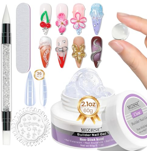 MIZHSE 60g Builder Nail Gels Nail Kit Clear Non-Stick Hand Nail Extension Gel with Nail Pen, Silicone Forms, 36 Nail Tips for Beginners & Salon Professionals Soak off UV/LED