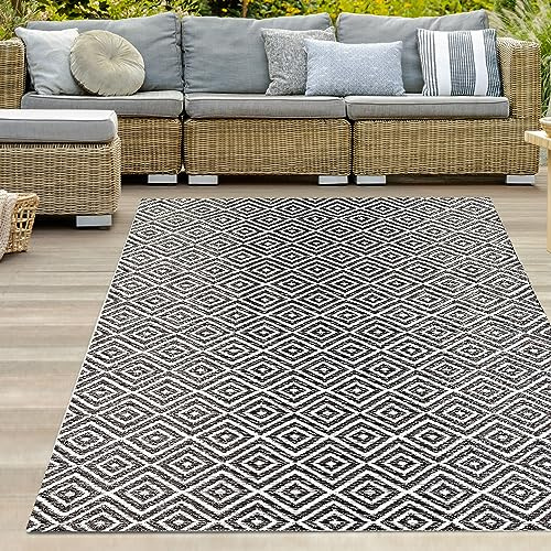 Teppich-Traum Tappeto da esterno in plastica per campeggio, balcone, giardino, terrazza, resistente alle intemperie, impermeabile e reversibile, motivo a scacchiera bianco-nero 120 x 170 cm