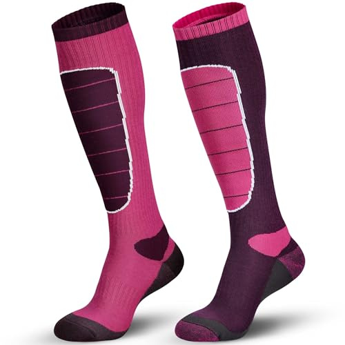 Hylaea Merino Wool Ski Socks - Cold Weather Thermal Knee-High for Snowboarding, Snow, Winter, Hunting, Outdoor Sports - 2 Pairs, Burgundy, Medium