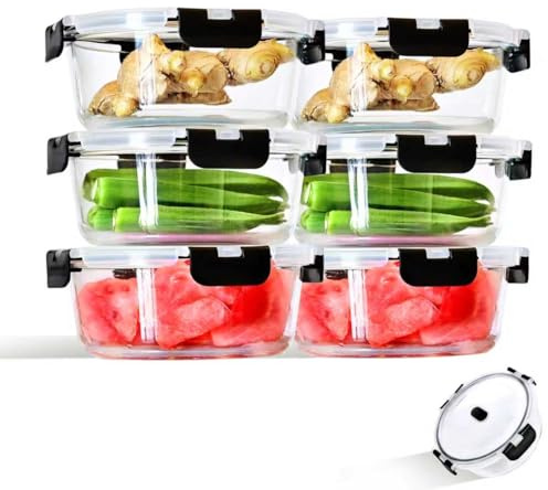 ERUIV Glasbehälter Mit Deckel, (6er) Meal Prep Boxen Glas-950ml, Runder Mikrowellengeschirr Glas Mit Deckel, Luftdicht Vorratsdosen Glas Mit Deckel, Auslaufsicher Food Container, BPA-frei
