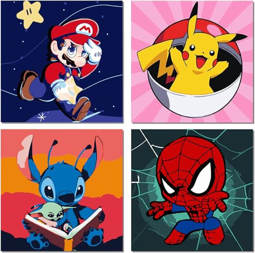 Malen Nach Zahlen Kinder Anime 4 Stück, Malen Nach Zahlen Kinder Ab 5 6 7 8 9 10 Jahre, Kreative Geschenke für Mädchen und Junge mit 8 Pinseln und 4 Sätze Acrylfarben (20x20 Cm)