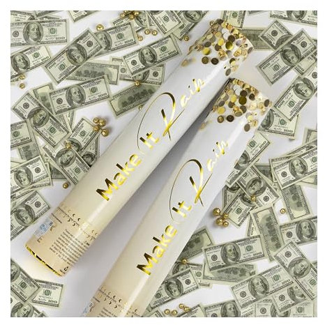PrimePure Confetti Cannon Party Poppers - Money Confetti Poppers - Set of 2 - Mini 100 Fake Dollar Bills Fake Notes Party Cannons Pop Gun for New Years Eve 2026, Graduation, Birthdays, Celebrations