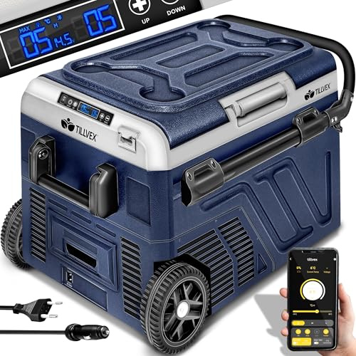 tillvex® Kompressor Kühlbox elektrisch 40-60 Liter | Elektrische Gefrierbox WIFI-APP-Steuerung 12/24 V 230V | Kühlschrank bis -20 °C für Auto, Lkw, Camping (Navyblau, 60 Liter)