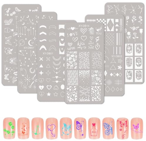 MWOOT 6 Piezas Estampador de Uñas, Plantillas Uñas Decoracion, Placas de Uñas para Uñas con Rayas Geometría Flor Corazón Mariposa Luna, Placas Estampacion Uñas Kit Manicura Francesa para Salón Casa