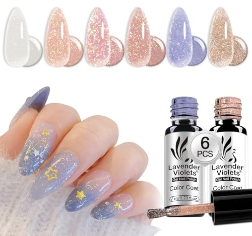 Lavender Violets 6er Set Jelly Gel Nagellack – Transparente Milky White, Pink & Glitzer Farben – U V LED Aushärtbar, Langanhaltend für French Funkelnder Glanz Geschenkset für Frauen C205
