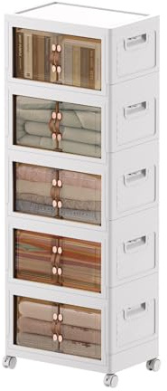MECOLOR Contenitori impilabili con coperchi, 5 x 34 l, contenitori pieghevoli con ruote, organizer per armadio e portaoggetti con porta magnetica, per soggiorno, bagno, ufficio (5 x 34 L)