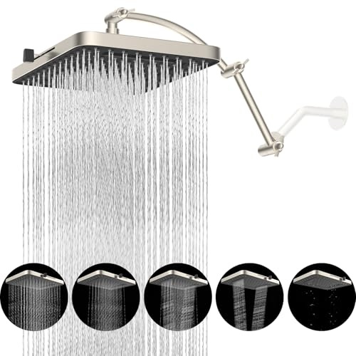 Hibbent Rain Shower Head, 13'' High Pressure Rainfall 5 Spray Mode Showerhead with 16 Shower Head Extension Arm, Brass Adjustable Shower Arm Extender, Waterfall fixed Showerheads, Brushed Nickel