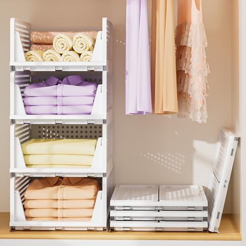 4 Stück Faltbare Kleiderschrank Organizer, Schrank Organizer Kleiderschrank Wardrobe Organizer, Stapelbare Aufbewahrungsboxen Schrankorganizer für Schlafzimmer, Küche, Bad, Büro (4L)