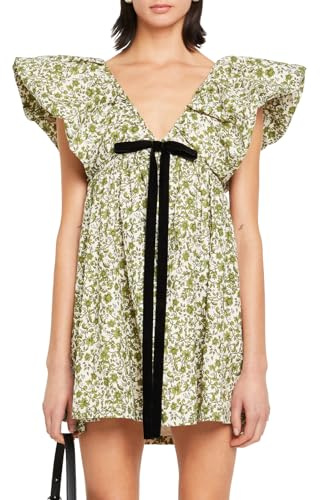 hibshaby Minivestido con Estampado Floral para Mujer, Cuello en V, Manga abombada, Vestido Corto Babydoll con Lazo, Impreso en Color Verde., M