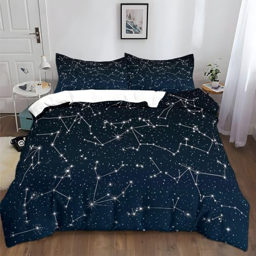 Generisch Bettbezug-Set 135x200cm Sternenhimmel Sternbilder Science-Fiction-Thema Bettwäsche 3 Teilig Set mit Reißverschluss, Weich Hautfreundlich Microfaser Baumwolle Bettbezug mit 2 Kissenbezug