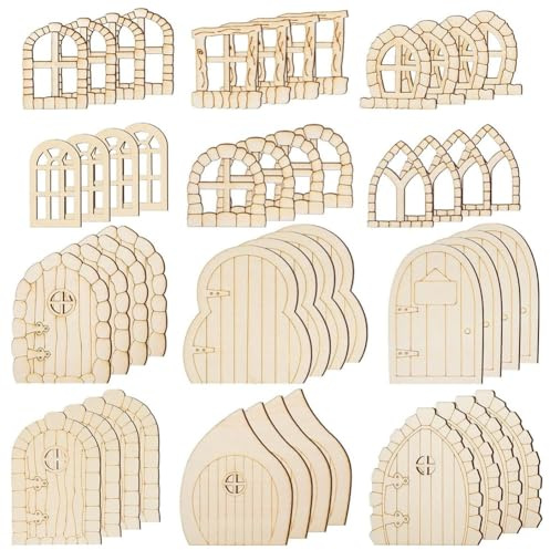 Giyofom Feentür, 48-teilig, Gartentüren aus Holz, Handwerk, Mini-Fenster, Feenhaus, Miniatur-Tür, unvollendet, Feenfenster, nicht bemalt
