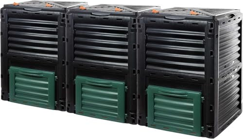 2friends Composter, set da 3 pezzi, compostiera rapida in plastica resistente, con coperchio ribaltabile, 300 litri (H83 x 61 x P61 cm), compostiera termica per rifiuti da giardino e cucina, made in