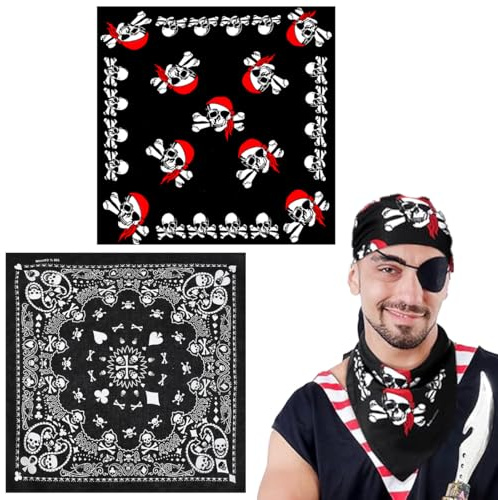 ZORVUJI 2 Stück Halloween Schädel Paisley Bandanas, Totenkopf Stirnband Kopftücher, Piraten Bandana, Doppelseitigem Weiß Totenkopf Bandanas für Herren Damen Kostüm Zubehör (Schwarz)