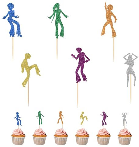 24 topper per cupcake da discoteca, 70 glitter per discoteca, decorazione per torte, persone danza, cake toppers, picks per discoteca, musica a tema, feste, feste al neon, feste di compleanno, festa