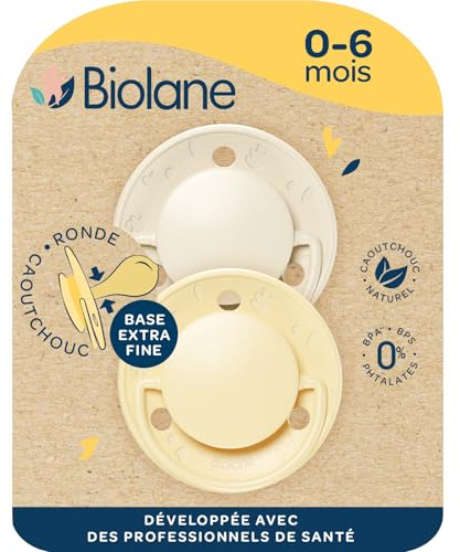 BIOLANE- Chupetes redondos- Chupetes extrafinos- 0 a 6 meses- Amarillo y Beige- Tetina de goma natural- Respeto al desarrollo bucal- Suave y cómoda- Materiales renovables