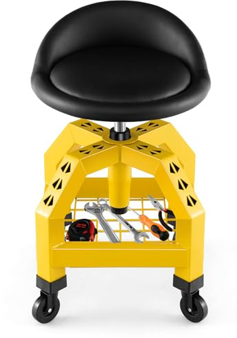 COSTWAY Sgabello da Officina, Sgabello Meccanico Rotante con Vassoio Porta Attrezzi, Regolabile in Altezza e 4 Ruote Universali, Capacità di 150 kg, per Garage, Officina (Giallo)