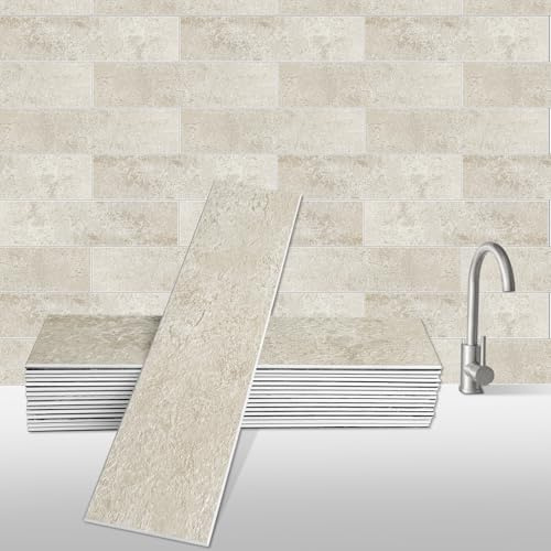 WalDecoo Carreaux Muraux À Décoller Et Coller, 24 Feuilles De Mosaïque Adhésive En PVC, Carrelage Décoratif Pour Dosseret, Carrelage Adhésif Pour Cuisine Et Salle De Bain (Jaune Ivoire)