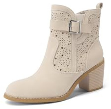 QUEEN HELENA Tronchetti Traforati Stivaletti con Tacco Largo Casual Donna X32-37 (Beige, Sistema Taglie Calzature EU, Adulto, Donna, Numero, Media, 39)