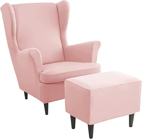 ZGantrix Ohrensessel überzug mit Hocker Bezug, 2 Teilig Sessel-Überwürfe+1 Teilig Ottomane Schonbezug, Beige/Grün/Rosa/Blau Ohrensessel Schonbezüge Sesselhusse Stretch Tiger Stuhlbezug mit Armlehne
