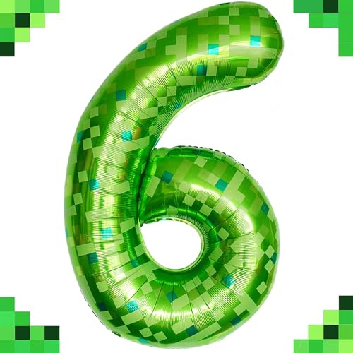 Tourima Riesige Grüne Pixel Miner Thema Folienballons Mining Große Zahlen Luftballon 6 Geburtstag Junge Mädchen, 100 CM 40 Zoll XXL Helium Ballon 6, Luftballon 6 Jahre Junge Mädchen Zahlenballon