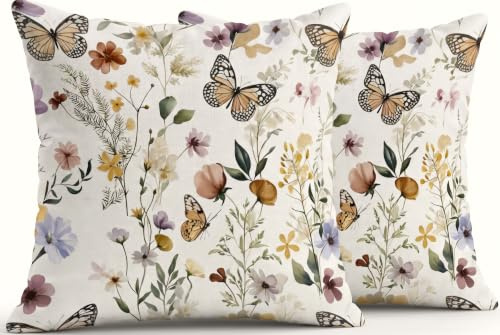 JANGYUHH 2er Set Outdoor Kissenbezug 45x45 cm Kissen Wetterfest Modern Blumen Dekokissen Sommer Kissenbezüge für Garten Sofa Couch Wohnzimmer Schlafzimmer Doppelseitiges Muster Kissenhülle
