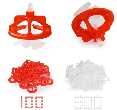 Fliesen Nivelliersystem 1.5mm Set, 300 Stück Gewindelaschen und 100 Stück Zughauben, Fliesen Werkzeug Fliesenverlegehilfe für professionelle Keramikfliesen und Stein DIY Installation