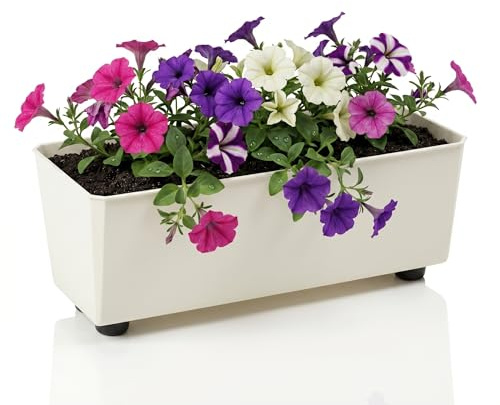LAMELA Rechteckiger Pflanzkasten mit eleganten Füßen – Cremefarbener Blumenkübel aus robustem Kunststoff 37x17 cm, 6L – Wetterfest & Pflegeleicht - für Innen & Außen, Cremig | Robust und wetterfest, erhöhte Bauweise mit guter Belüftung - für innen und außen, schützt vor Nässe