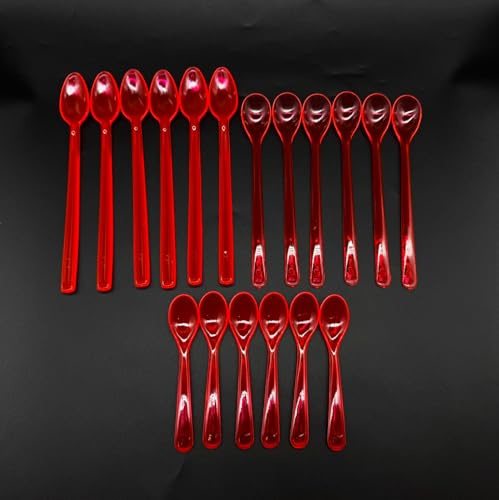 Löffel 18 Stück Eierlöffel Plastiklöffel Joghurtlöffel Eislöffel Dessertlöffel Cocktaillöffel Kunststofflöffel, je 6 Stück 12/18/21 cm lang, Mehrwegbesteck, farbe transparent rot