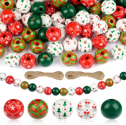 122 Stück Holzperlen Weihnachten – Holzkugeln mit Loch in 5 Designs mit 20M Juteschnur – Bunte Weihnachtsdeko Holzperlen für Basteln, Girlanden, Anhänger, DIY Dekoration