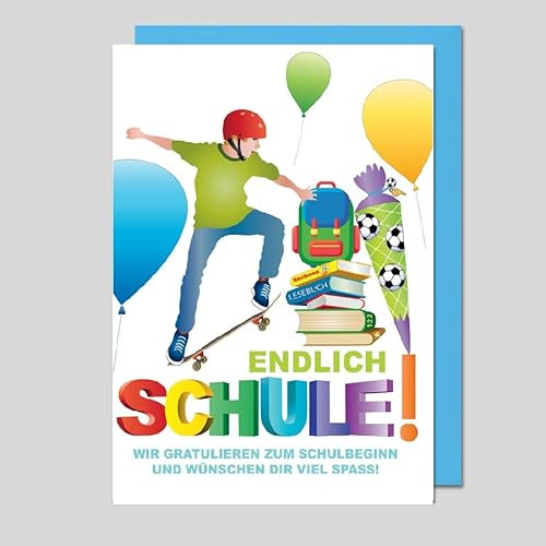 Michel Verlag Grußkarte Einschulung JUNGE | Glückwunschkarte SCHULANFANG Schulstart Schulanfänger | Klappkarte +Umschlag, cooles Jungen Design | ABC-Schütze 1. Klasse Jungs | Made in DE