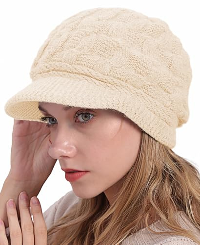 Husmeu Mütze Damen Winter Strickmütze mit Krempe Grobstrick Baskenmütze Warme Wintermütze Slouchy für Kaltes Wetter Winter Mütze Damen,Geschenke für Frauen