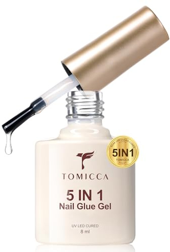 TOMICCA 5 in 1 UV Nagelkleber für Kunstnägel Extra Stark, 8ML | Nail Glue Gel für Nail Tips und Press On Nails, Builder Gel, Base Coat und Nagelverstärker, Langanhaltend, UV/LED Aushärtung