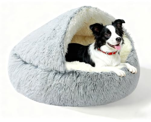 Calming Dog Bed Fluffy Plush Pet Bed Under 35 Pound，Large Cave Bed Washable Non-Slip Cat Nest Pod Windproof，Cozy Indoor Cave for Kitten Dog Non-Slip Bottom (L-31.5in)