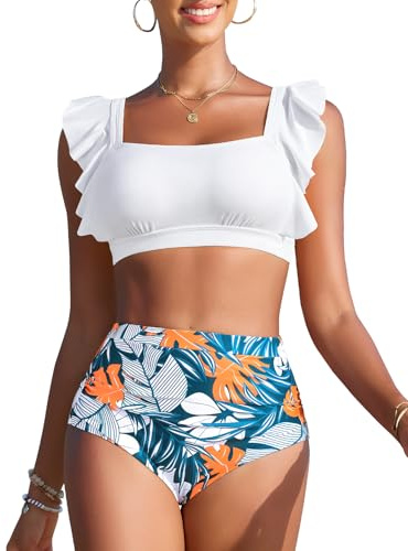 Vijamiy Costume Donna Due Pezzi Vita Alta Bikini Push-up con Scollo Quadrato Costumi da Bagno Piscina e da Spiaggia da Eleganti Dettagli con Volant(Stampa Bianca,L)