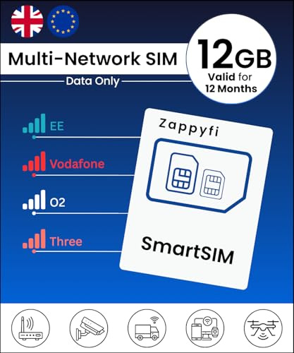 Zappyfi Data-Only Multi-Network SIM Card, 4G/5G, Auto-Switch EE, Vodafone, O2 & Three, Prepaid PAYG, UK & EU Roaming Travel SIM, for Phones, Routers & IoT Devices (12GB | 12 Months)