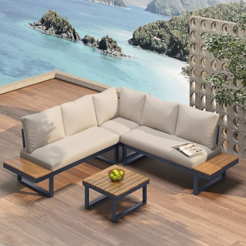 Xwiny Gartenmöbel Set, Balkonmöbel Set mit Neigungsfunktion bis 55°, 3-Teiliges, 1 Dreisitzer-Sofa und 1Doppelsofa, 1 Tisch, Verstellbaren Füßen, Alle Kissen Inklusive (Beige)