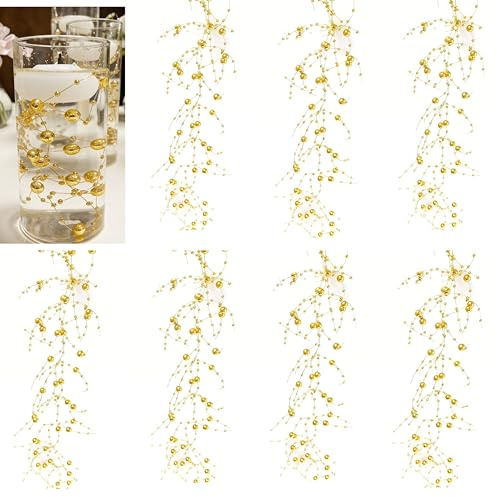 TeaSu 12 cuerdas de perlas, para centro de mesa de boda, relleno de jarrón y decoración para velas flotantes (dorado)