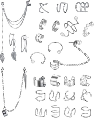 TOZBLEU 28PCS Ear Cuff Pendientes Juego Clip Pendientes No Piercing Cartílago Cadena Pendientes para Mujeres Ajustable Clip Orejas Set Falsos Helix Sin Agujero Ear Cuff, Plata