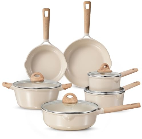 CAROTE 10-Piece Ceramic Pots and Pans Set Non Stick with Lids(Khaki) | Cookware Set Nonstick, Non-Toxic Kitchen Cooking Set, PFAS and PFOA Free& Induction Hob Compatible