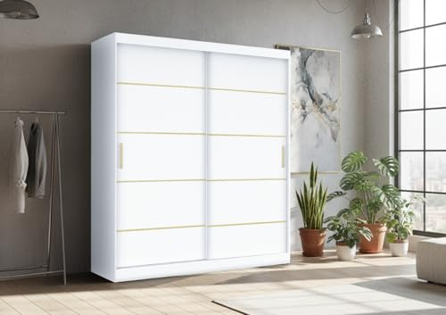 FHI_LEXISS Gold Modern Sliding Door Wardrobe with Shelves, Hanging Rails & Optional LED Light – Bedroom Closet Storage Cabinet – Available in 100cm, 120cm, 150cm, 180cm, 203cm (White, 180cm)
